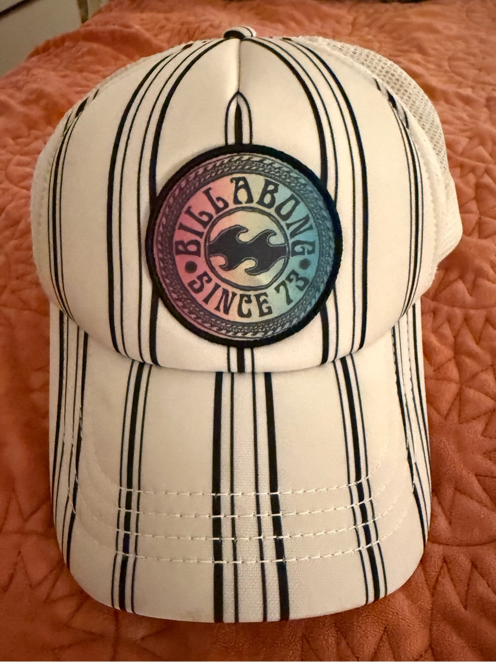 Billabong White and Black Striped Trucker Hat with Rainbow Logo Patch